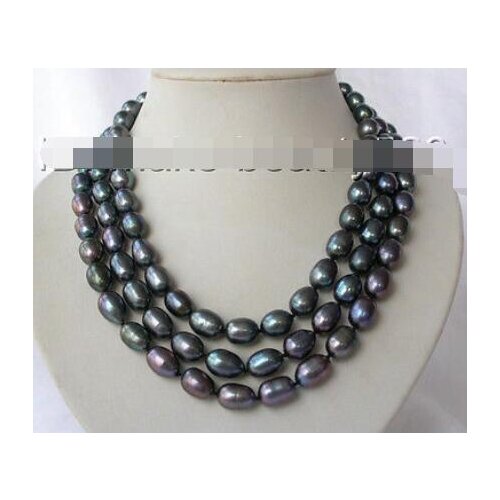 Stunning 3rows big 8-9mm baroque black freshwater cultured pearl necklace s1810