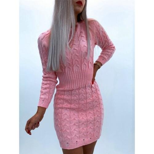 O-Neck Long Sleeve Mid Waist Autumn Winter Slim Pullovers Pencil Dress Elegant Women Solid Color Knitted Mini Dress