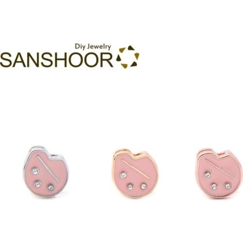 SANSHOOR Cute Pink 8mm Slide Charms Fit Mesh Stainless Steel Armband Keeper Bracelet For Childs Women Christmas Gifts 6pcs/lot