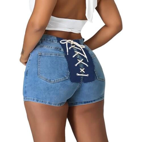 Sexy Summer Women Denim Shorts New Blue Mid Waist Solid Push Up Short Jeans Femme Back Lace Up Bandage Hotpants Streetwear