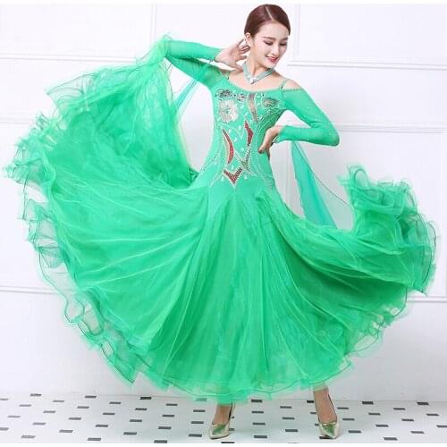 Standard Ballroom Dresses Lady High Quality Green Glass Stone Waltz Flamenco Dance Custome Ballroom Competition Dancing Dress