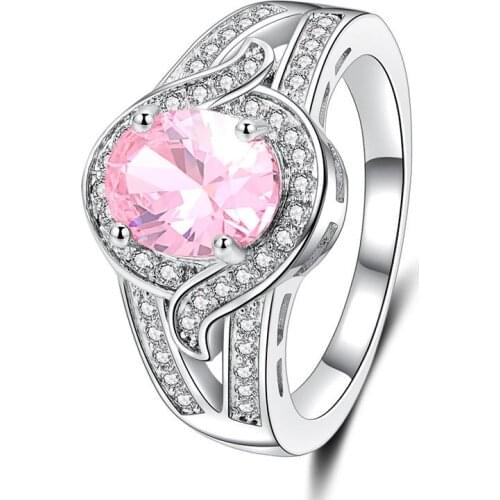 Vintage Fashion White Silver Color Ring Jewelry High Quality Oval Round shape Pink Zircon Ring For Woman Engagement Wedding Gift