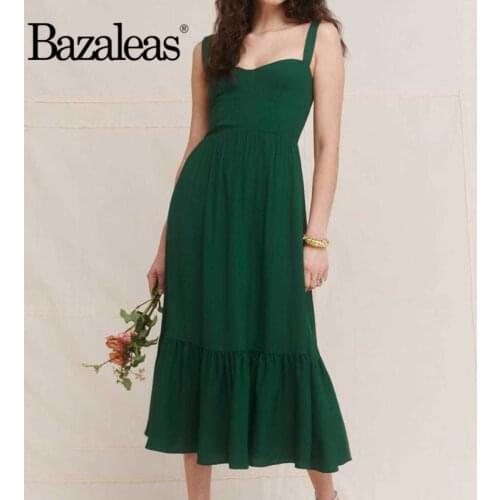 Bazaleas Vintage Chiffon Green Summer Dress Sexy Ruffles Tank Women Midi Dress Slim Elegant Vestidos