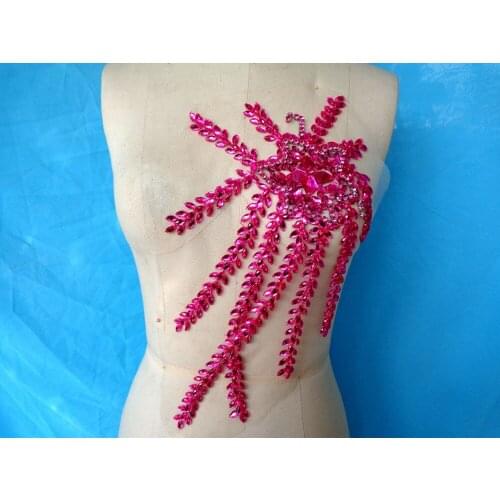ZBROH Handmade sew on Rhinestones applique Pink crystal patches with stones sequins beads for dress 38*21cm