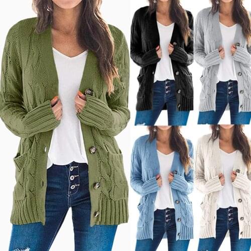 Woman Sweaters Cardigan Solid Color Long Sleeve Sweater Women Buttons Pockets Braid Knitted Cardigan Coat Women Sweaters Coat