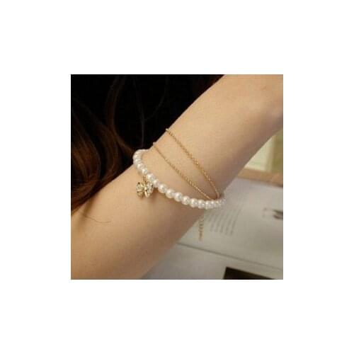 Hot New Fashion Three Lay Bow Sweet Lady Imitation Pearl Bracelet Jewelry Accessories Wholesale