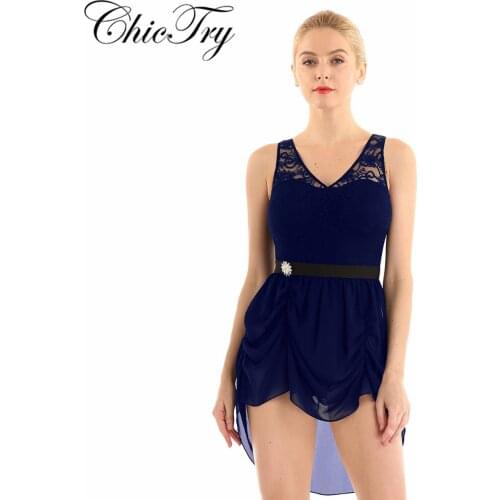 Women Lyrical Dance Costumes Sleeveless Floral Lace Dance Bodysuit Ballet Tutu Dress Gymnastics Leotard for Stage Dancewear