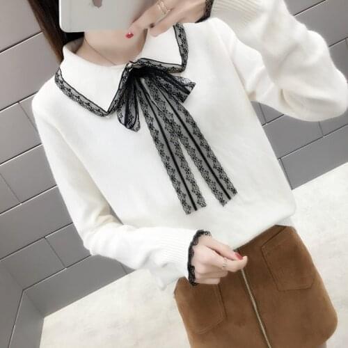 Spring Korean Fashion Lace Splicing Knitted Sweater Women Loose Short Student Tops 6 Color Long Sleeve Knitting Pullover Female
