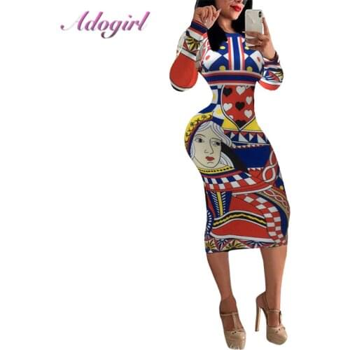 Casual Poker Playing Cards Vintage Chain Print Midi Dress Women Elegant Long Sleeve O-neck Bodycon Dresses Streetwear Vestidos