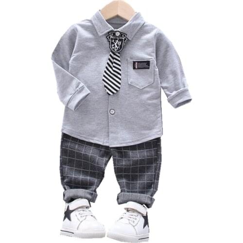 Spring Autumn Cotton Children Leisure Baby Boys Clothes Tie Shirt Lattice Pants 2Pcs/sets Infant Kids Fashion Toddler Tracksuits