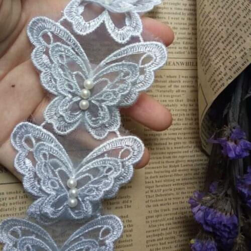 2 Yard Light Blue Butterfly Pearl Embroidered Lace Trim Ribbon Applique Sewing Craft Crochet Fabric Edging Trimmings Wedding