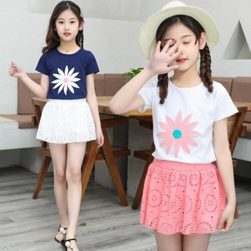 2020 Girls White Flower T Shirt With Hollow Lace Skirt Suit Summer Children Clothes Set Cute Girls Outfits Teens Clothing Sets