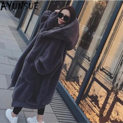 AYUNSUE Winter Coat Women Warm Soft Zipper Fur Jacket 2021 New Fluffy Long Hooded Female Plush Overcoat Casual Outerwear LX2330