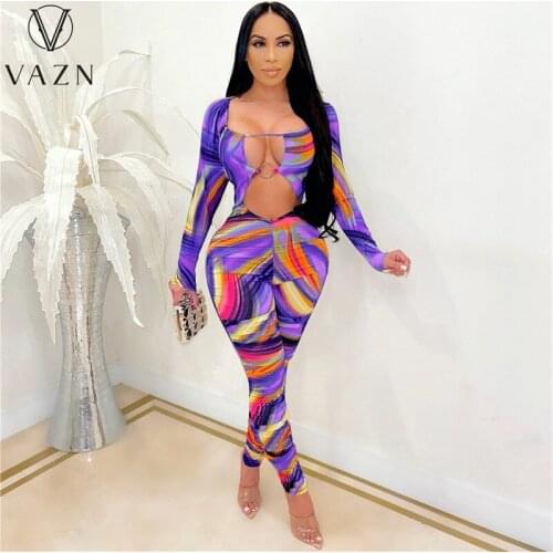 VAZN 2021 New Bandage Sexy Full Sleeve O-neck Tie Dye Print Lady Women Party Beach Jumpsuits Full Pant Bandage Rompers