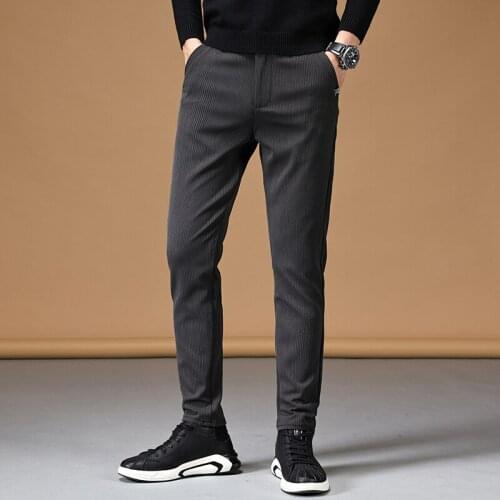 New Fashion Mens Fit Stripe Casual Pants High Quality Business Brand Trousers Male Gray Black Elastic Waist Work Stretch Pants