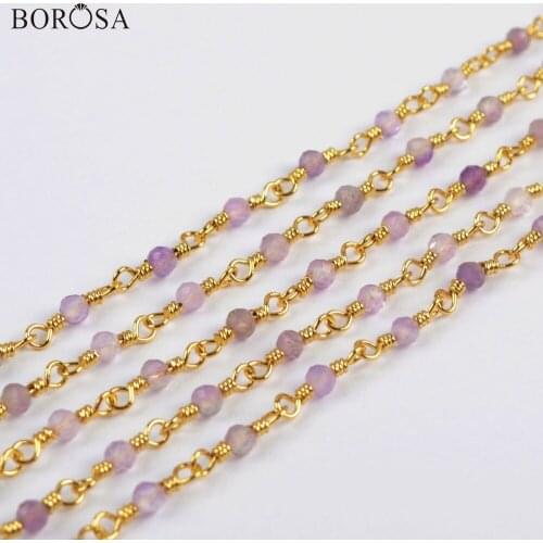 BOROSA 3Meters 2mm Natural Amethysts Beads Faceted Chains Gold/Silver Color Natural Crystal Bead Brass Chains Jewelry JT243