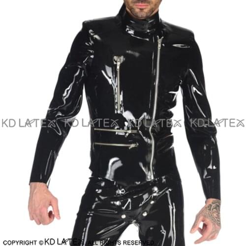 Black Sexy Latex Jacket With Many Zippers Decoration And High Collar Rubber Coat YF-0171