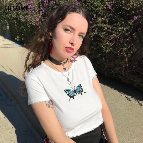 TIESOME Butterfly Print T Shirt Summer Short Tops Tee Shirts Women Clothes 2020 Sexy Slim T-shirt For Women O-neck Short Sleeve