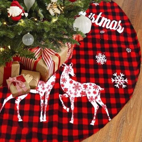 Hot Sale Large Buffalo Plaid Xmas Tree Mats with Snowflake Reindeer Print Christmas Tree Skirt for Home Party Decoration