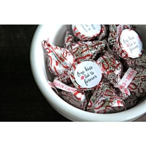 Customize text One Kiss Led to Forever wedding candy chocolate kiss lables stickers Bridal Baby shower party favors decorations