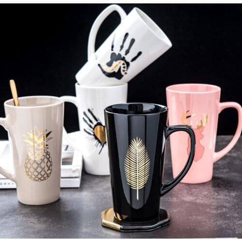 500ml Ceramic Coffee Mug Creative Large Capacity Pattern Tea Breakfast Milk Cup With Lid Spoon Home Drinkware Lover Wedding Gift