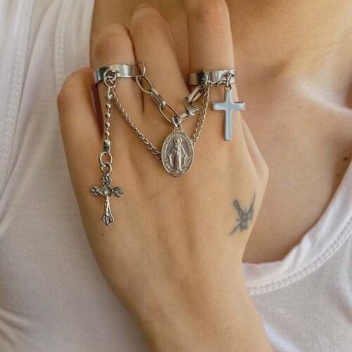 Cross Chain Ring for Men Women Stainless Steel Punk Hip Hop Goth Jesus Chain Cross Ring For Teens Boy Eboy Trend Jewelry