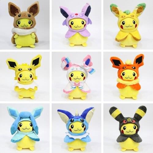 New 28cm Pocket Monster Pikachu Cosplay Eevee Gengar Plush Stuffed Dolls Eevee With Cloak Cos Pikachu Toy For Kids Birthday Gift