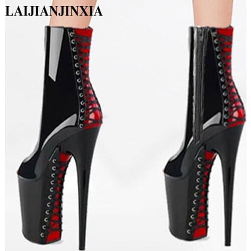 LAIJIANJINXIA New Women Ankle Boots 8 inch High Heel Platform Round toe Fashion Shoes Strappy Classic Short Motorcycle Boots