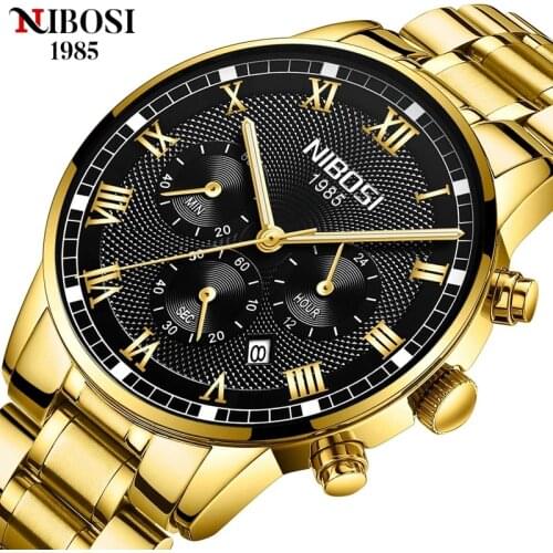 NIBOSI Gold Mens Watches Top Luxury Brand Sports Waterproof Chronograph Watches Quartz Men Clock Fashion Relogio Masculino