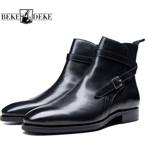 England Style Riding Boots Men Handmade Vintage Buckle Ankle Boots High Quality Business 100% Real Leather Pointed Toe Boots