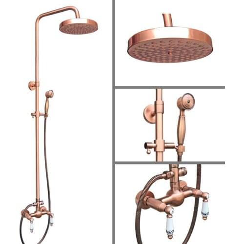 Antique Red Copper Wall Mounted 7.7 Inch Rain Bathroom Rainfall Shower Faucet Set Double Handle Hand Spray Head Mixer Tap 2rg552