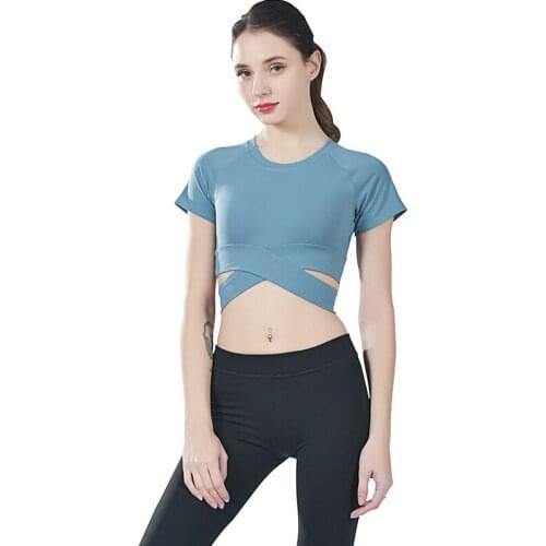 Solid Breathable Sport Shirts Sexy Women Cross Hem Yoga Top Fitness Short Sleeves Crop Top Workout Gym Running Clothes