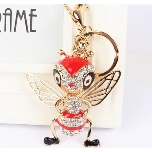 Red Bee Honeybee Pendant Charm Rhinestone Crystal Keyring Key Chain for Handbag Purse Wedding Party Lover Friend Carkey Gift