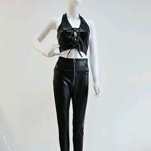 Drop Shipping summer sexy PU lace up tank crop top zipper up leather pants solid skinny two piece pants set for women