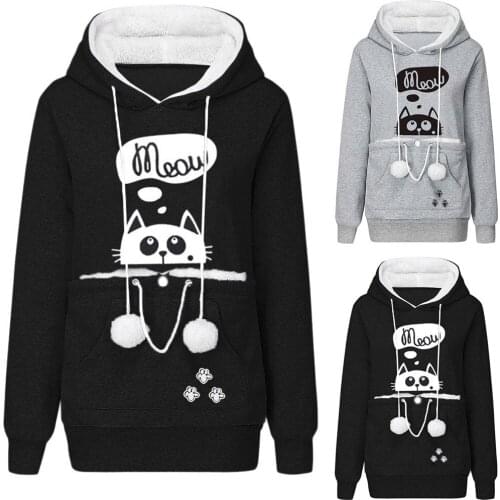 Oversized Pocket Couples Sweatshirts Women Cartoon Cat Print Hoodies Womens Pullover 2020 Streetwear White Hoody Female Ladies
