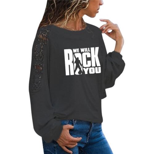 We Will Rock You Women T Shirt Autumn Style Queen Rock Band T-shirt Long Sleeve Rock Roll Womens Large Size Loose Lace Top Tees