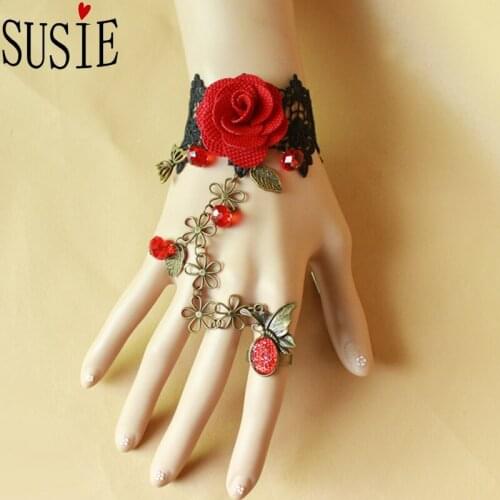 LOVE SUSIE Retro Women Bracelets Party Accessories Rose Red Crystal New Charm Chain Vantage Elegant Hands Jewelry With Lace
