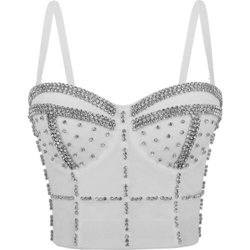 Women Fashion Spring Summer Leisure Base Bodycon Sexy Suspender Strapless Sleeveless Crop Tops Party Club Rhinestone Bustiers