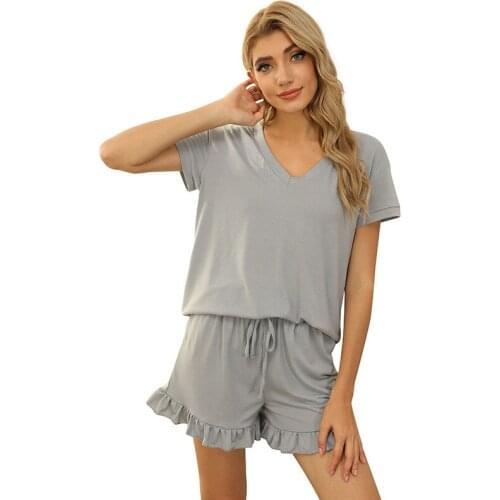 Women Pajamas Suit 2021 Summer New 2 Piece Woman Set Solid Color Lady Homewear V-Neck Sleepwear Sports and Leisure Shorts Pants