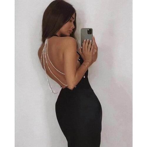 Women Sexy Sleeveless Crystal Diamonds Sparkly Black Bandage Dress 2021 Midi Backless Celebrity Bodycon Party Dress Vestido