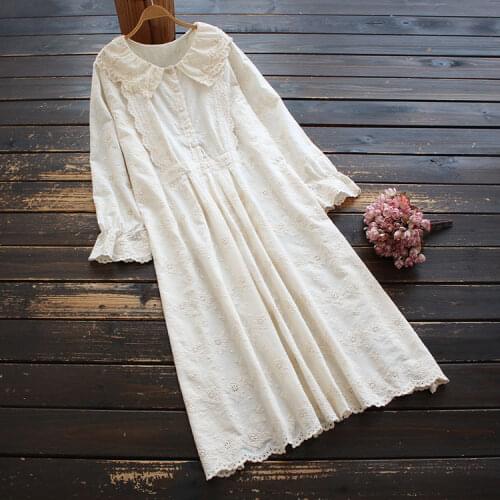 8751 New Spring Women Dress Japan Style Mori Girl Literary Loose Cotton Embroidery Hollow Lace Collar Long Sleeve Midi Dress