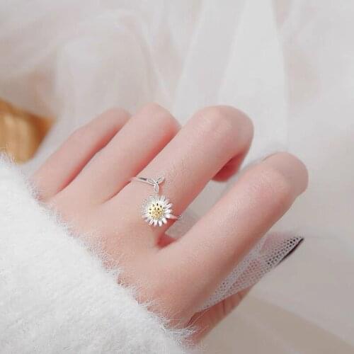 Golden Daisy Flower Sweet Delicate 925 Sterling Silver Adjustable Rings For Women Sunflower Elegant Jewelry Wholesale