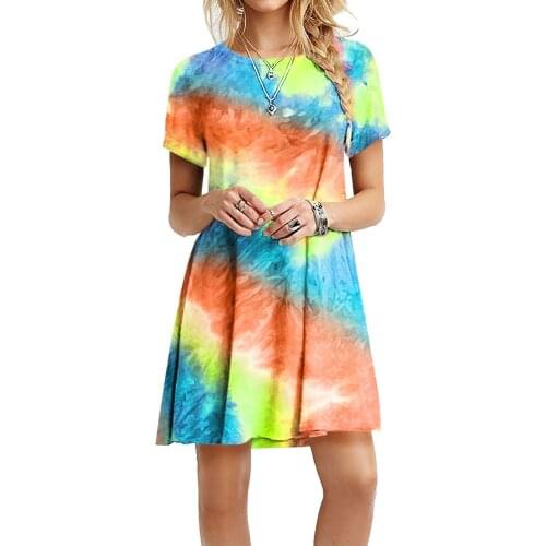 Slim Dazzling Rainbow Tie Dye Plaid 3D Printing Women Dress Plus size 5XL Mini Dress Large Size Belt Fashion Casual Beach Dress