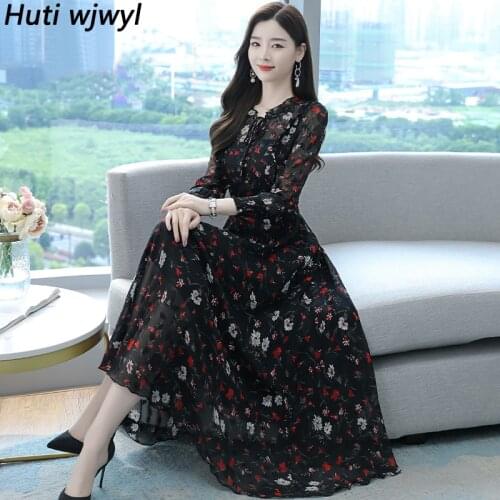 Autumn Winter Vintage Plus Size Boho Beach Dress Floral Chiffon Black Casual Maxi Dresses 2021 Women Bodycon Party Midi Vestidos