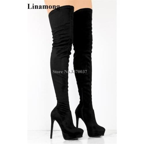 Winter Fashion Round Toe Black Suede Leather High Platform Over Knee Boots Super High Heel Boots Slim Thigh Heel Boots