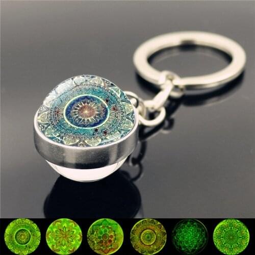 Buddhism Keychain Jewelry with Glow in the Dark Mandala Flower Shaped Double Side Keychain Ring for Men Women Gift