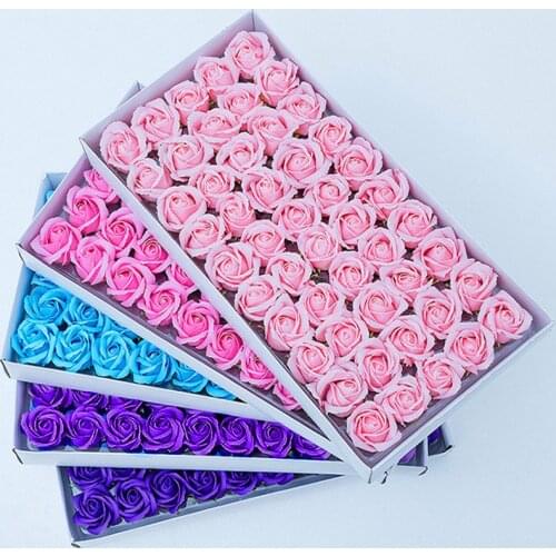 50PCS/Box Rose Soap FlowerArtificial Flowers With Base Gift Box Bouquet Making DIY Materials Wedding Decoration Flower