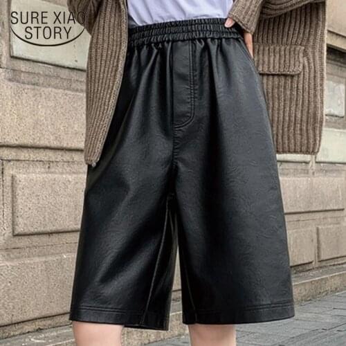 Black PU Leather Shorts Fashion Women Autumn Winter Casual Wide Leg Shorts Women Elastic Waist Loose Short Mujer New 12238