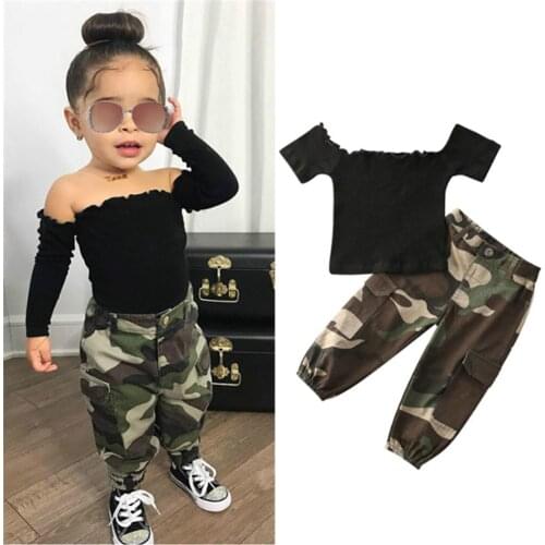 Childrens Clothing Fashion Kids Baby Girl Outfits Black Short Sleeve Off Shoulder T-Shirt Tops+Camouflage Pants Clothes 1-6Y