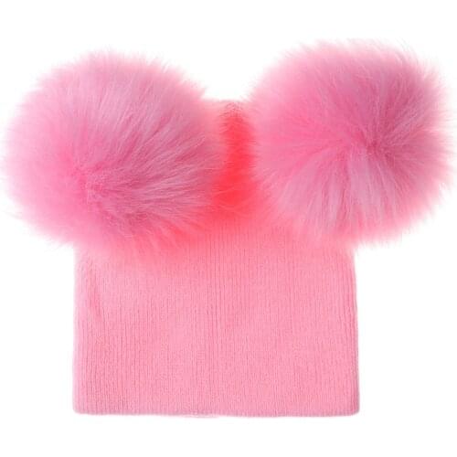 Childrens winter infant newborn baby kids faux fur wool hat cap beanie with 2 two double pom pom beanie for boys and girl